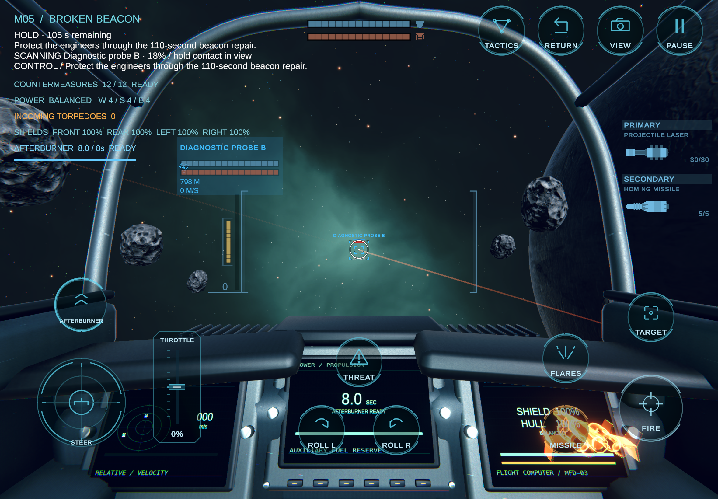 iPad cockpit with a touch flight yoke, throttle, roll, afterburner, targeting and weapon controls