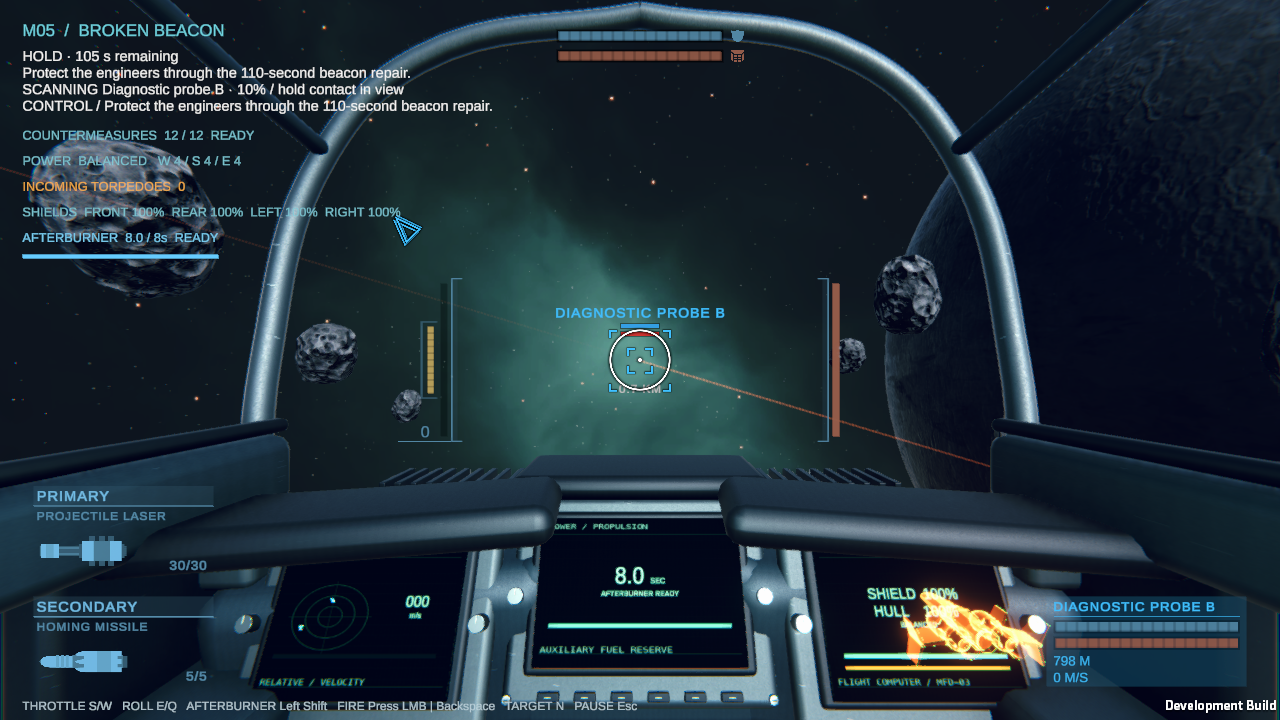 Mac cockpit in Broken Beacon, with shield status, a repair countdown and the selected diagnostic probe's scan progress