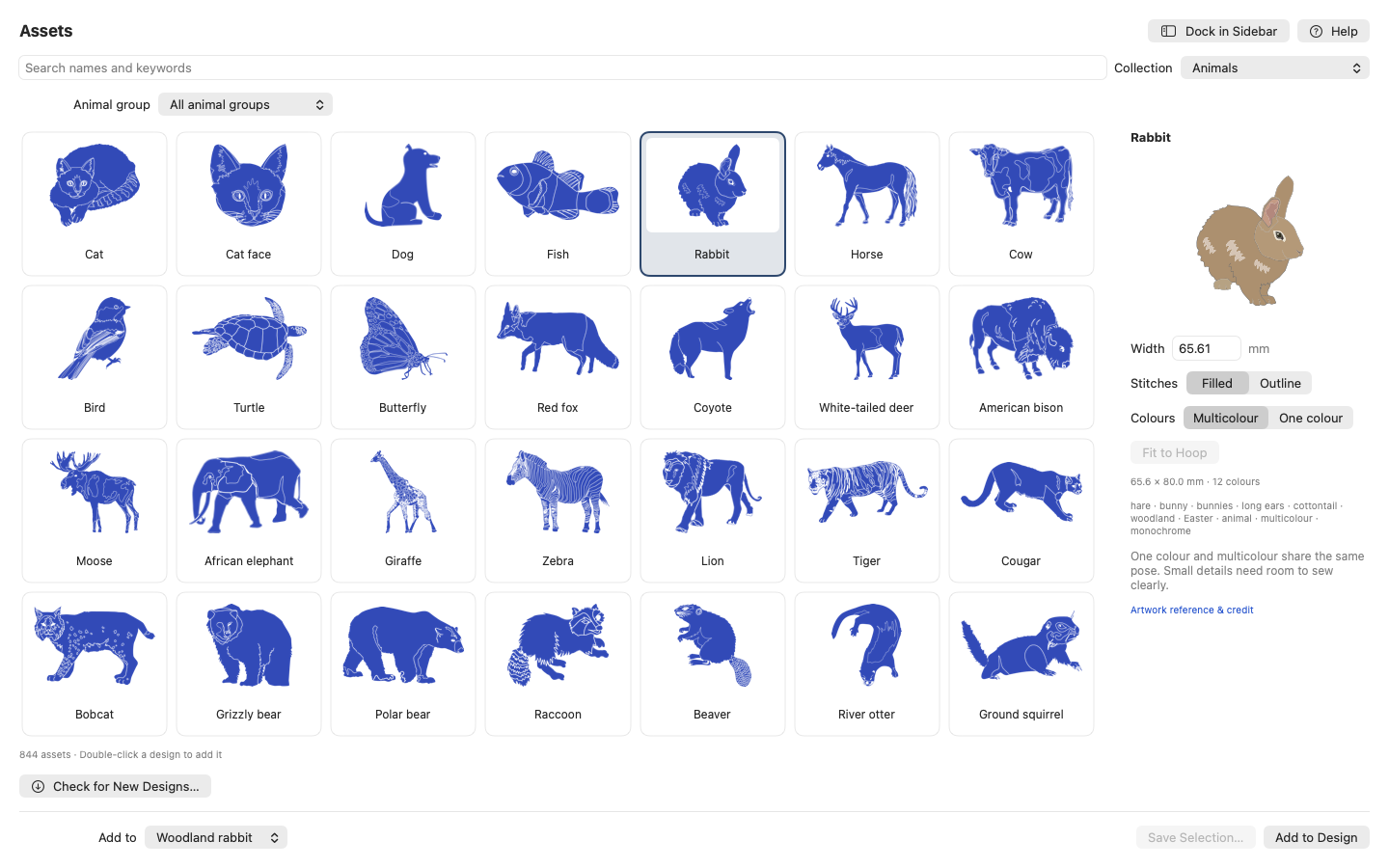 Embroidery Studio's asset library showing a grid of animal designs with a multicolour rabbit selected in the inspector