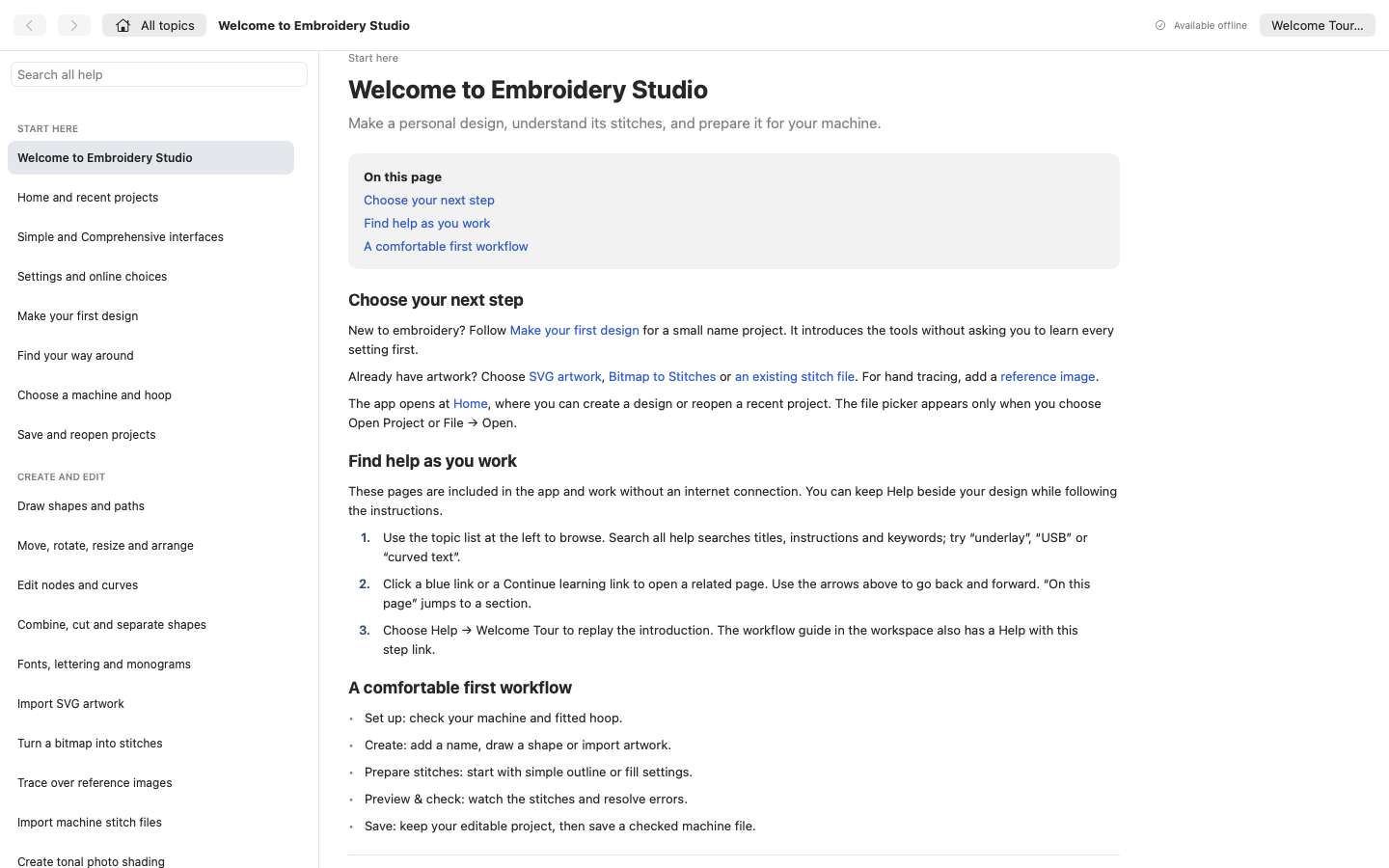 Embroidery Studio's built-in Help, open to the Welcome page with a searchable topic list