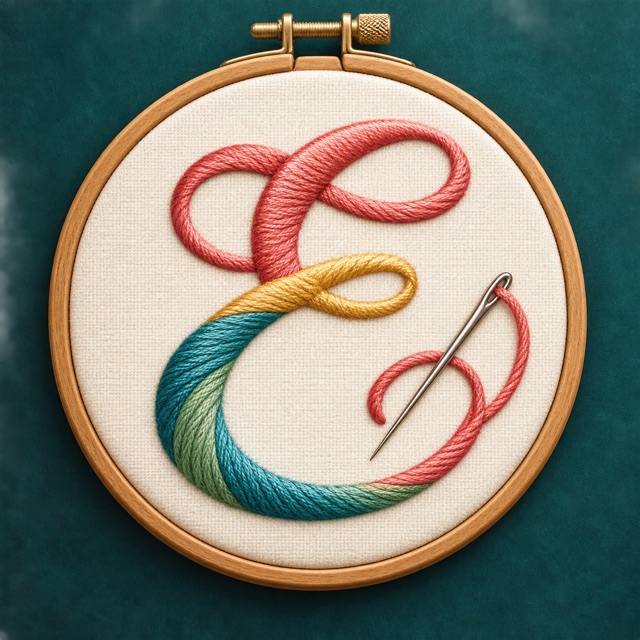 An embroidered letter E in coral, gold, teal and green thread, stretched in a wooden hoop